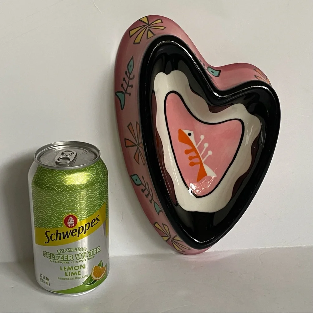 Heart Shaped Cat Bowl Food Pink Ceramic Fish Bones Hand Painted Karherine’s Coll